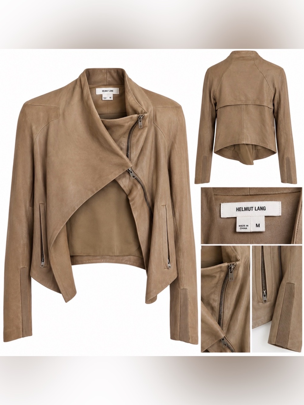 Helmut Lang Stoned Leather Asymmetrical Moto Jacket Tan Taupe Size M